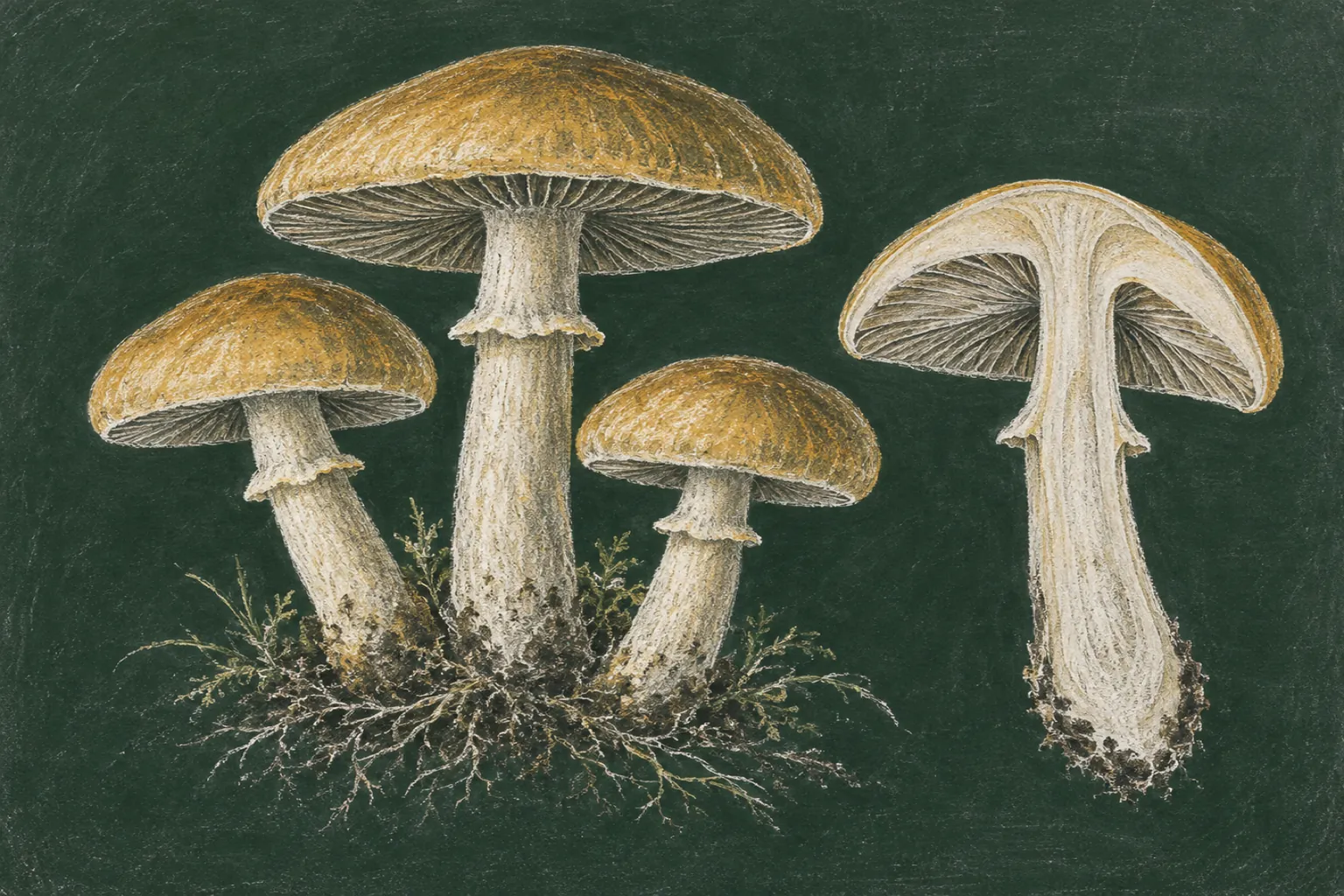 Chalk drawing of a cluster of golden-capped mushrooms with one cut in half lengthwise